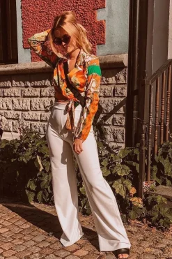 Rebellious Fashion Orange Scarf Print Tie Front Cropped Shirt - Nishitha