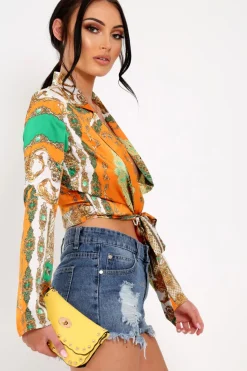 Rebellious Fashion Orange Scarf Print Tie Front Cropped Shirt - Nishitha