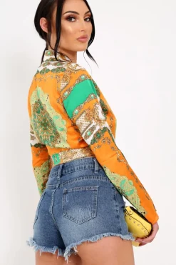 Rebellious Fashion Orange Scarf Print Tie Front Cropped Shirt - Nishitha