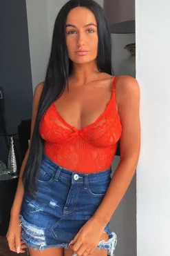 Rebellious Fashion Orange Sheer Lace Bodysuit - Katia