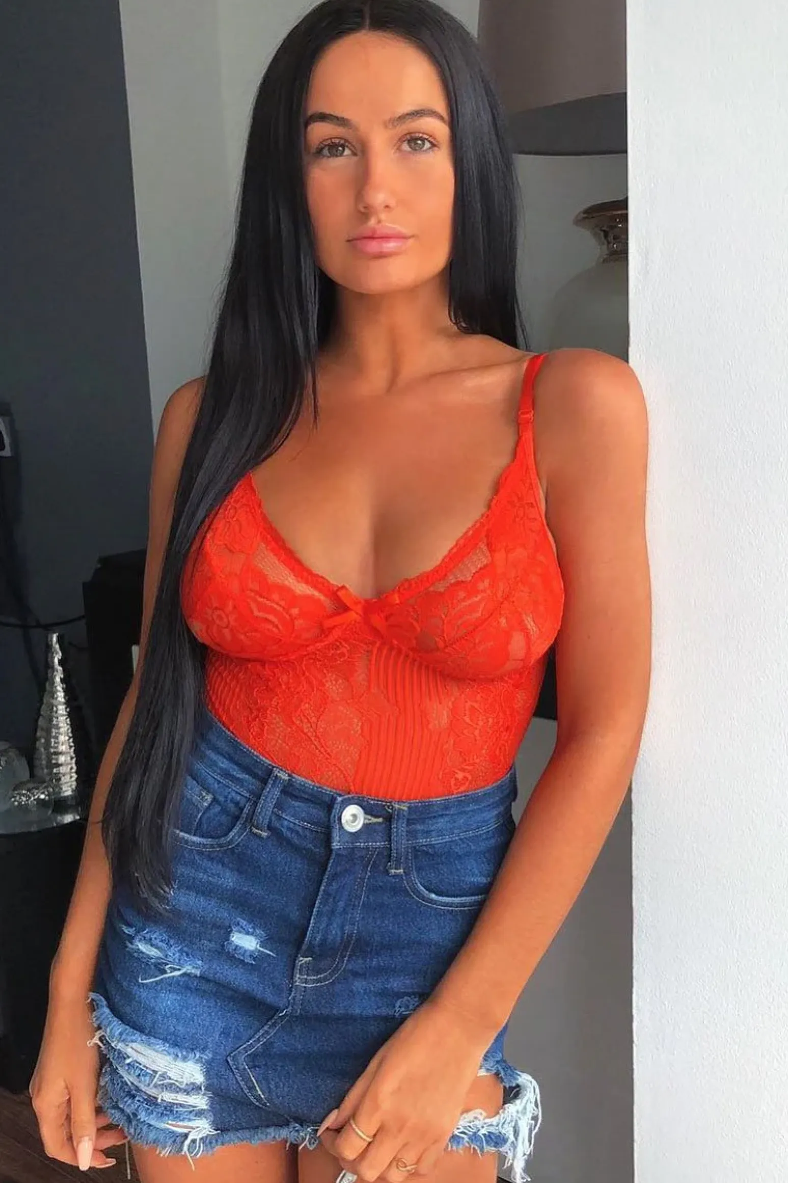 Rebellious Fashion Orange Sheer Lace Bodysuit - Katia