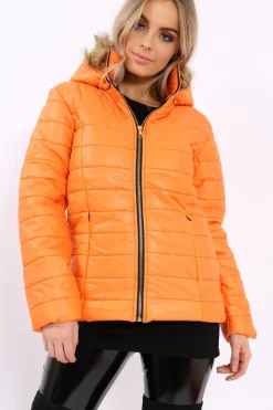 Rebellious Fashion Orange Shiny Puffer Coat with Fur Hood - Idy