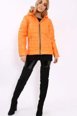 Rebellious Fashion Orange Shiny Puffer Coat with Fur Hood - Idy