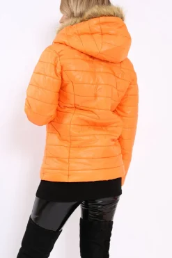 Rebellious Fashion Orange Shiny Puffer Coat with Fur Hood - Idy