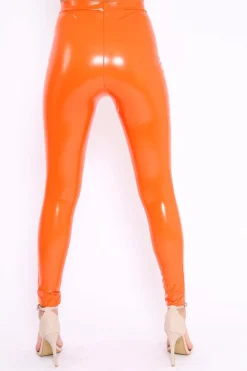 Rebellious Fashion Orange Shiny Vinyl PU Leggings - Rio