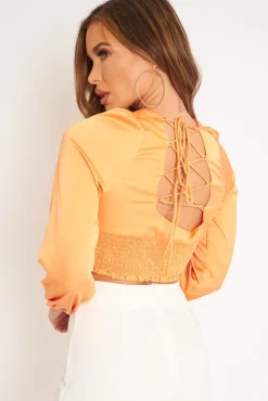 Rebellious Fashion Orange Shirred Long Sleeve Strap Back Detail Crop Top -Traniyah