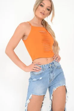 Rebellious Fashion Orange Slashed Front Detail Top - Kalee
