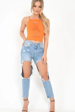 Rebellious Fashion Orange Slashed Front Detail Top - Kalee