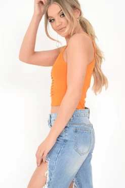 Rebellious Fashion Orange Slashed Front Detail Top - Kalee