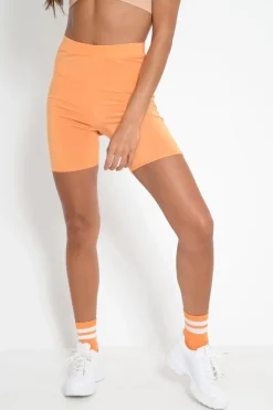 Rebellious Fashion Orange Slinky Bodycon Cycle Shorts - Elliana