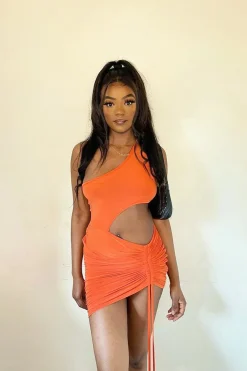 Rebellious Fashion Orange Slinky One Shoulder Cut Out Dress - Semira