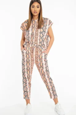 Rebellious Fashion Orange Snake Print Short Sleeve Sweatshirt and Jogger Set - Aaliyan