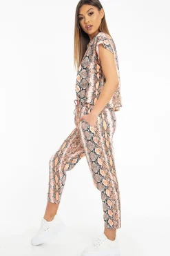 Rebellious Fashion Orange Snake Print Short Sleeve Sweatshirt and Jogger Set - Aaliyan