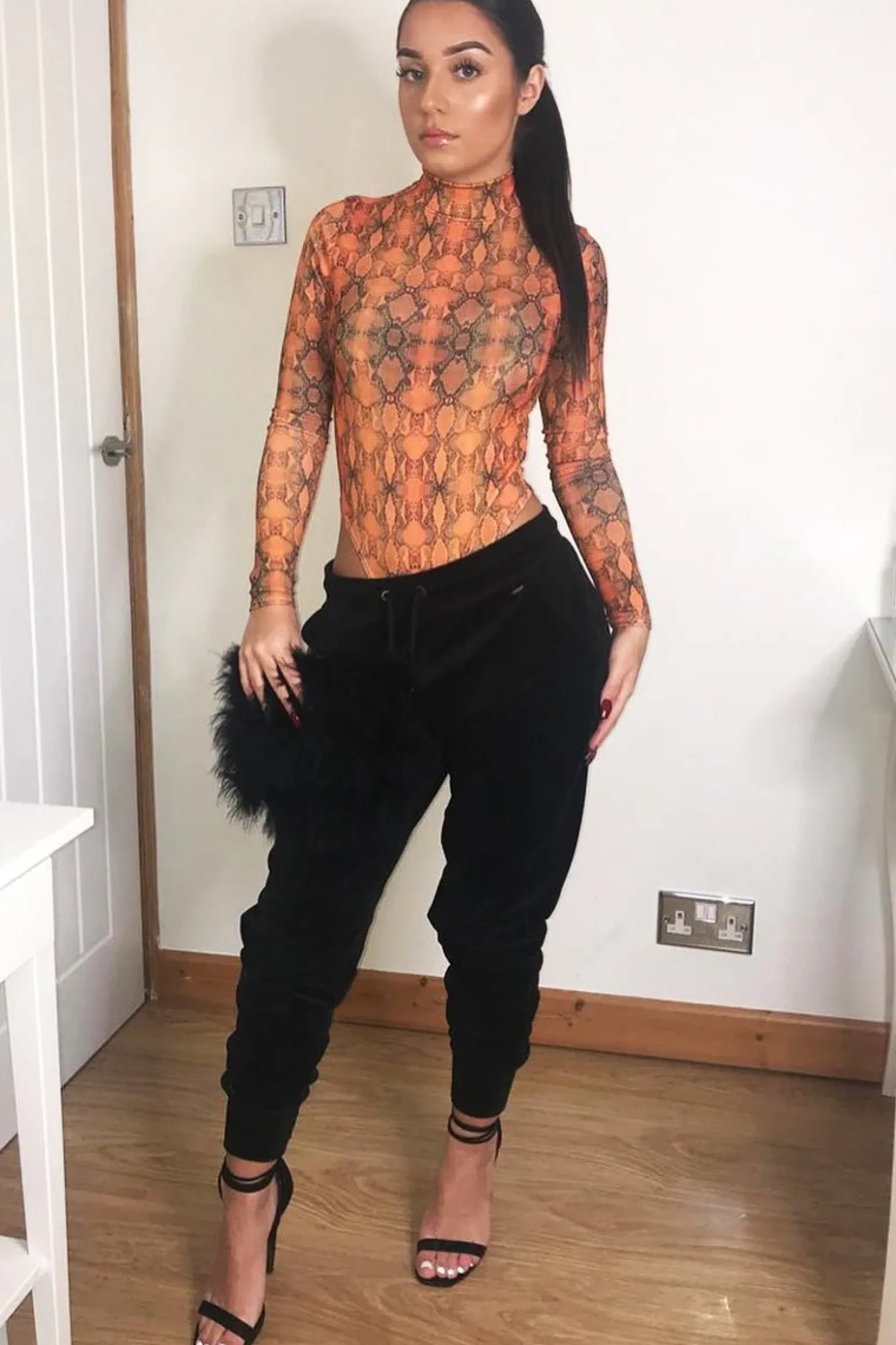 Rebellious Fashion Orange Snake Print Slinky High Neck Bodysuit - Abira