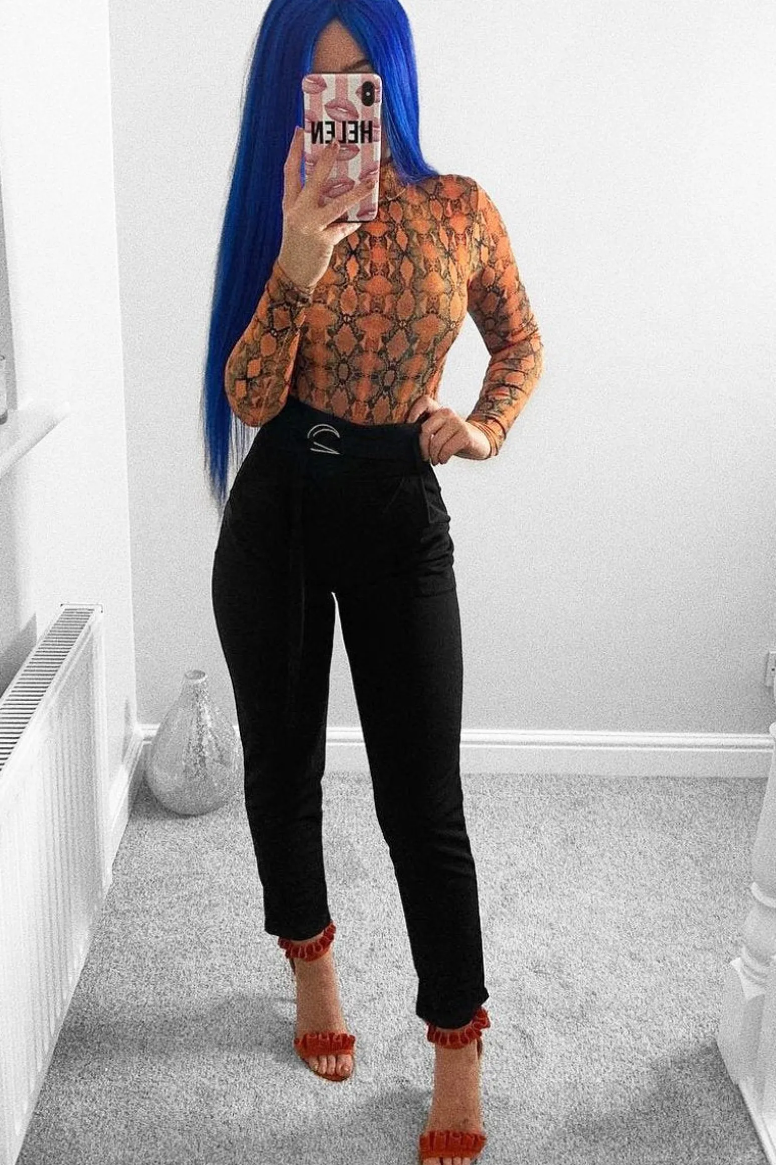 Rebellious Fashion Orange Snake Print Slinky High Neck Bodysuit - Abira
