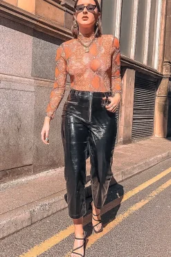 Rebellious Fashion Orange Snake Print Slinky High Neck Bodysuit - Abira