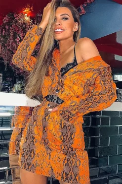 Rebellious Fashion Orange Snake Print Trucker Jacket Mini Skirt Co-Ord - Kiera