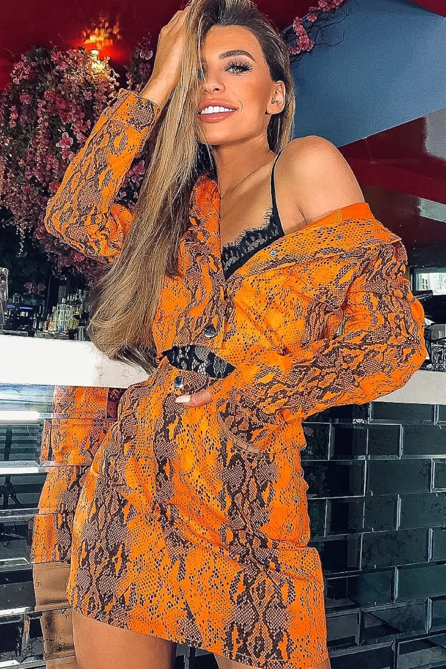 Rebellious Fashion Orange Snake Print Trucker Jacket Mini Skirt Co-Ord - Kiera
