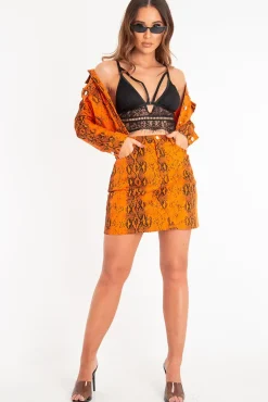 Rebellious Fashion Orange Snake Print Trucker Jacket Mini Skirt Co-Ord - Kiera