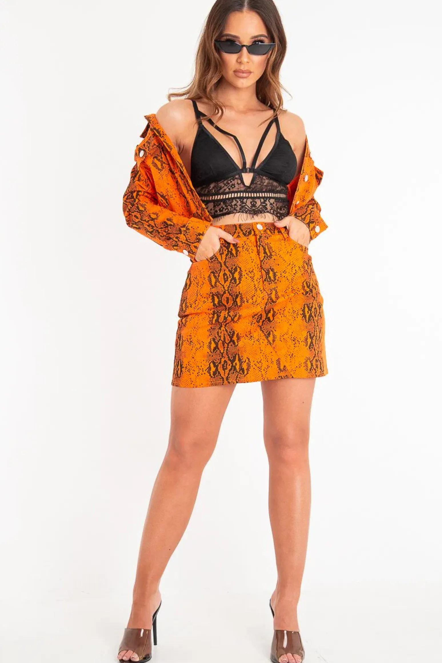 Rebellious Fashion Orange Snake Print Trucker Jacket Mini Skirt Co-Ord - Kiera
