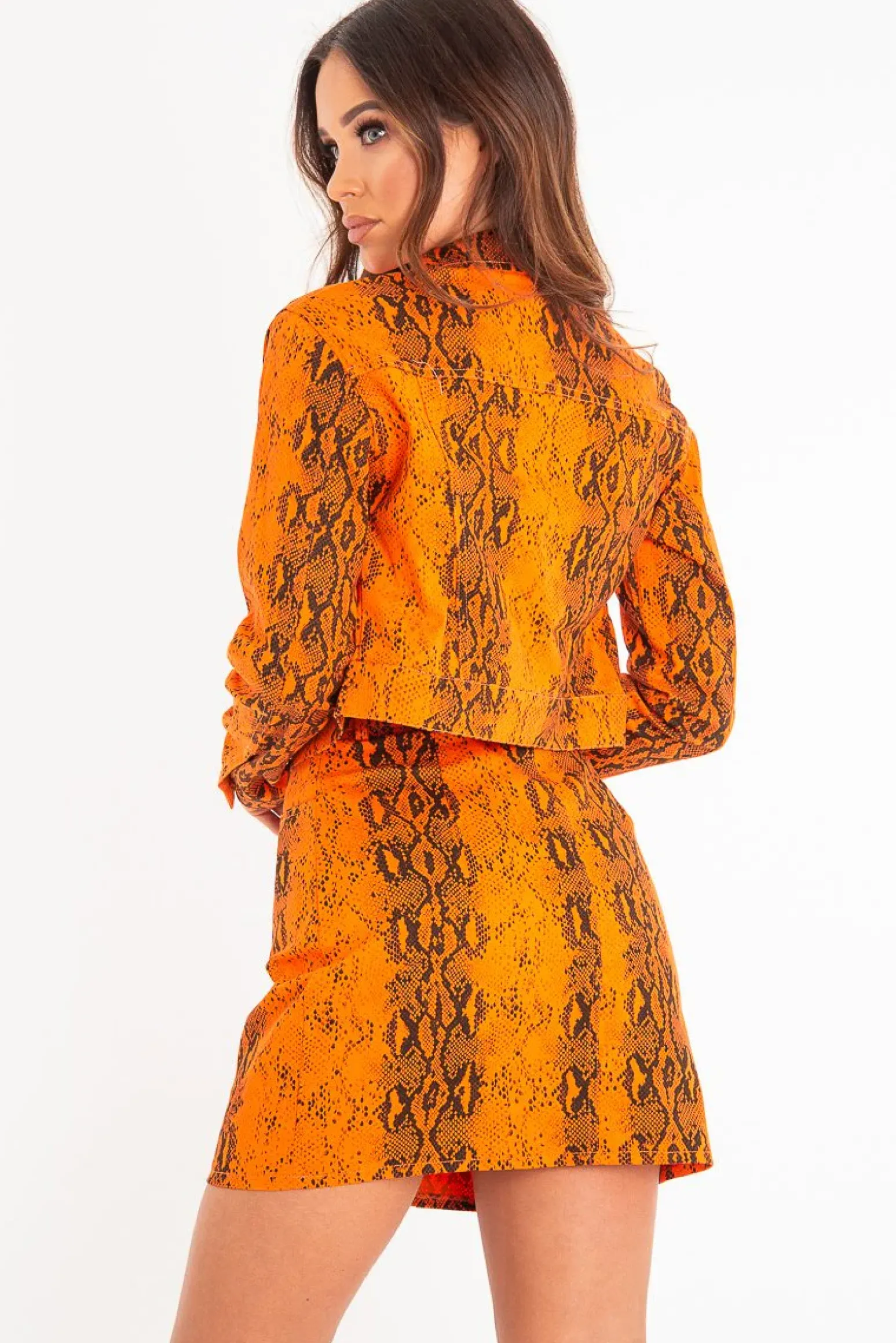 Rebellious Fashion Orange Snake Print Trucker Jacket Mini Skirt Co-Ord - Kiera