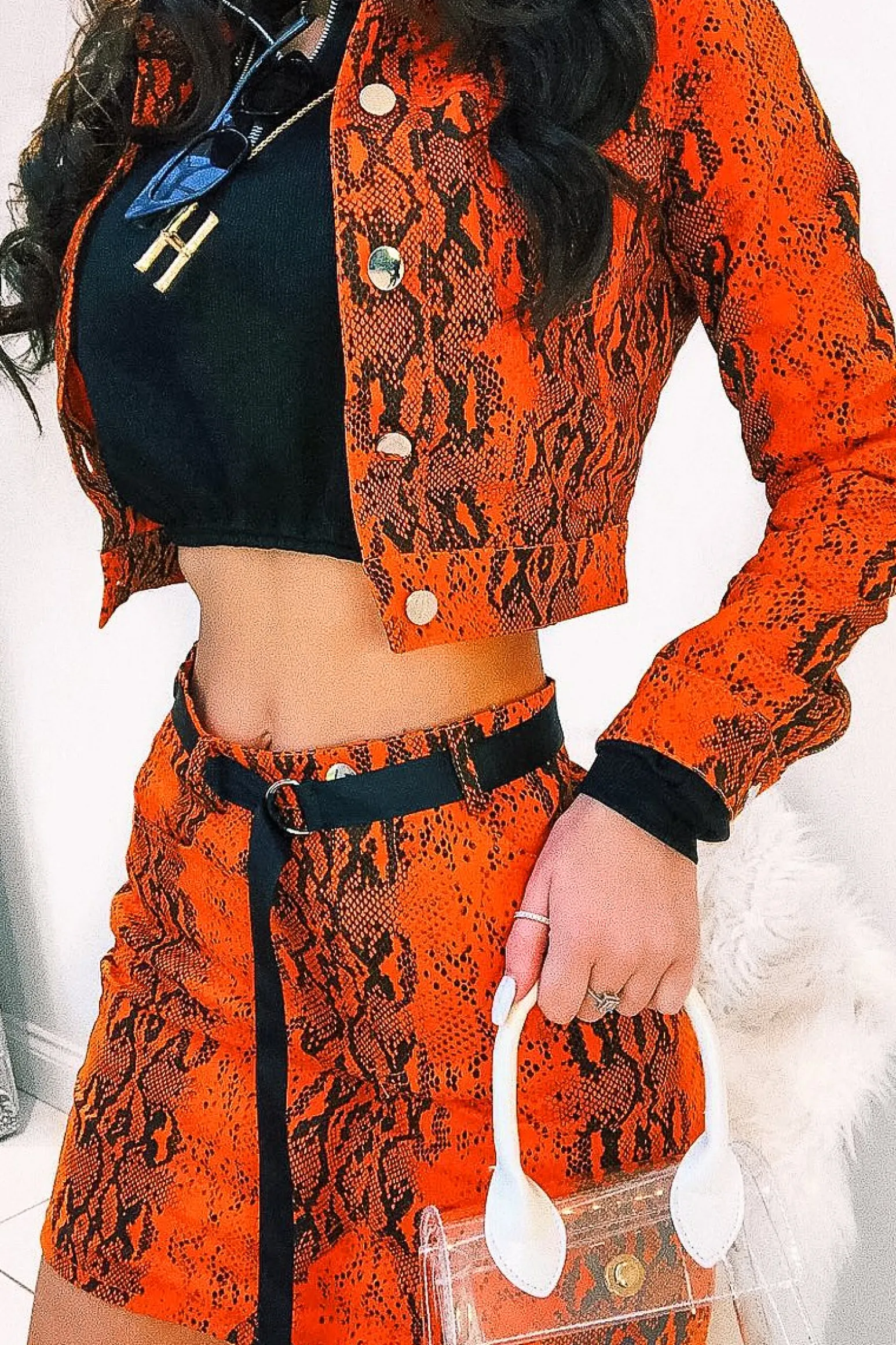 Rebellious Fashion Orange Snake Print Trucker Jacket Mini Skirt Co-Ord - Kiera
