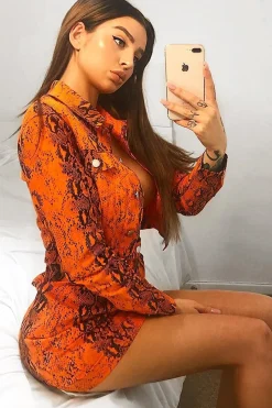 Rebellious Fashion Orange Snake Print Trucker Jacket Mini Skirt Co-Ord - Kiera