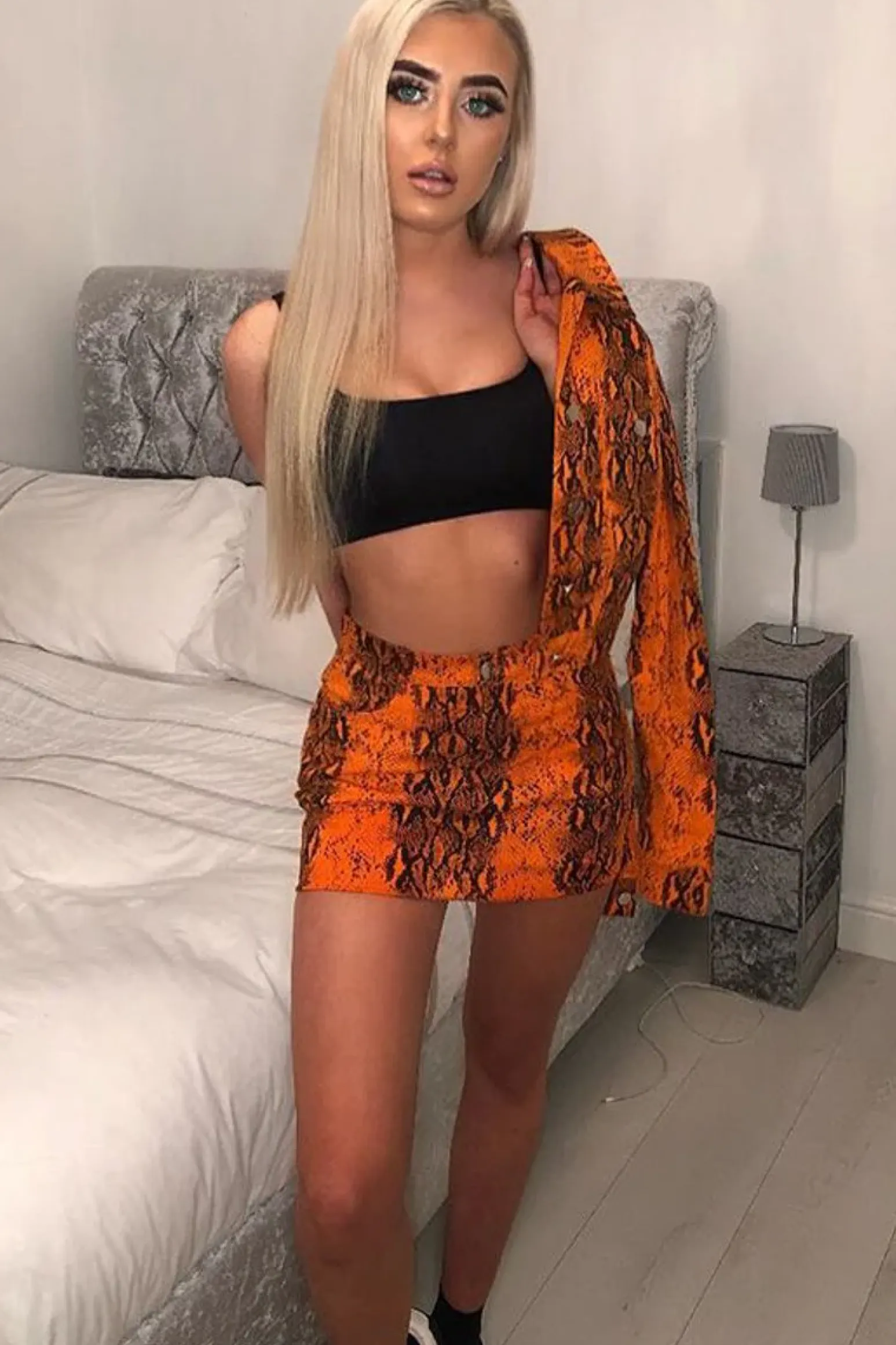Rebellious Fashion Orange Snake Print Trucker Jacket Mini Skirt Co-Ord - Kiera