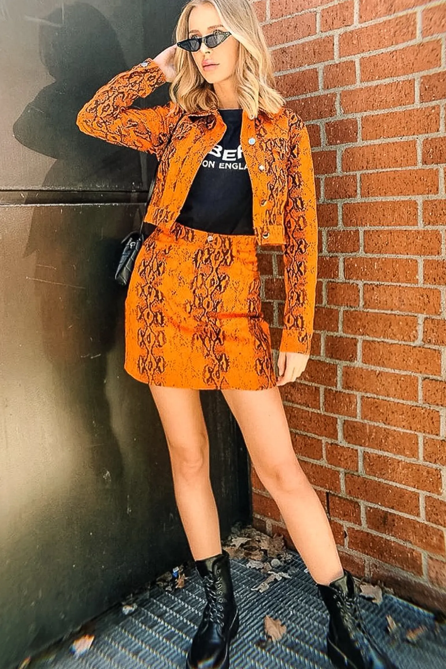 Rebellious Fashion Orange Snake Print Trucker Jacket Mini Skirt Co-Ord - Kiera