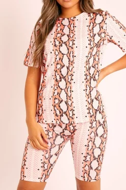 Rebellious Fashion Orange Snake T-shirt Cycling Short Set - Alissandra