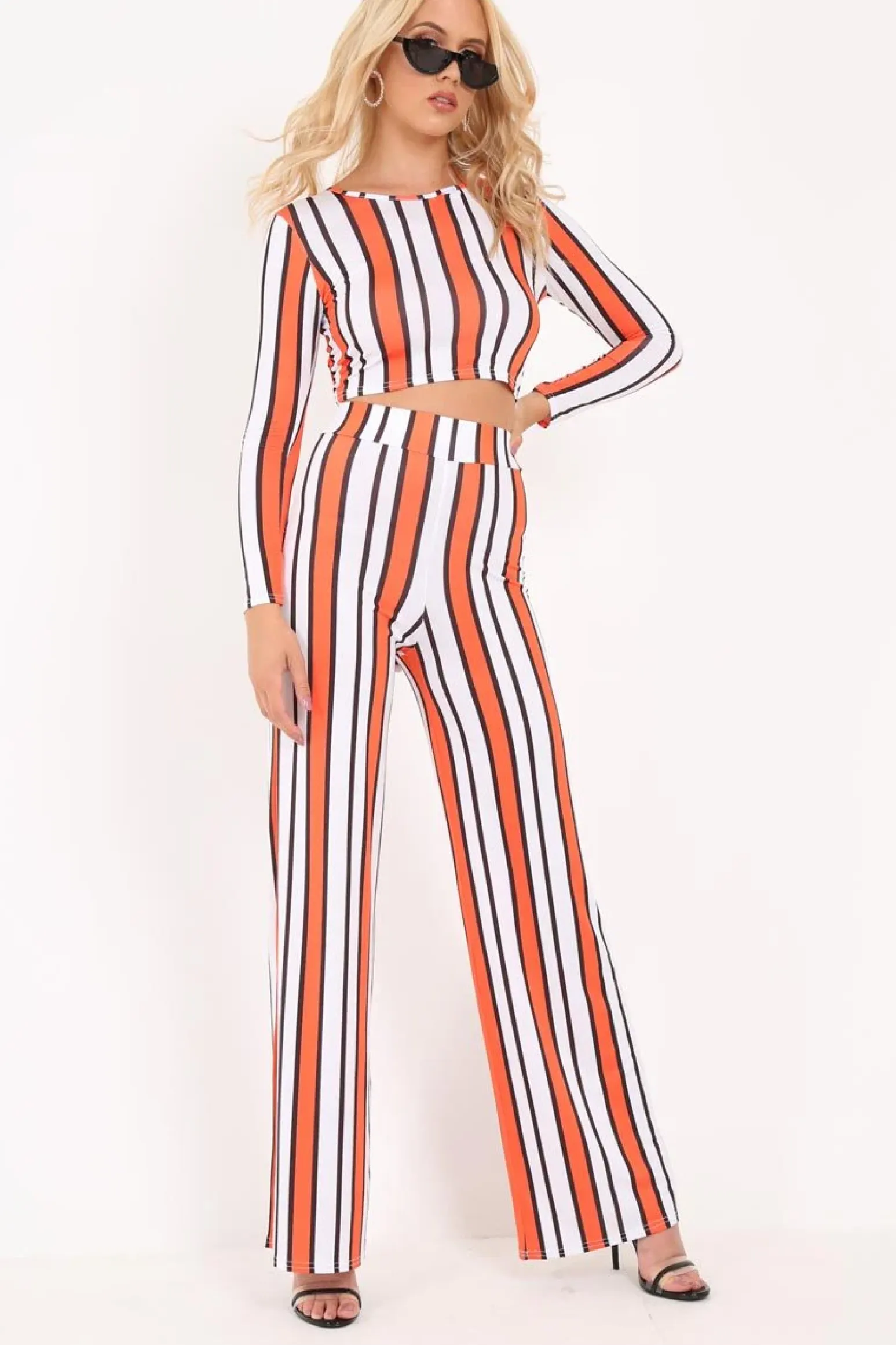Rebellious Fashion Orange Stripe Crop Top Wide Leg Co-Ord - Ivette