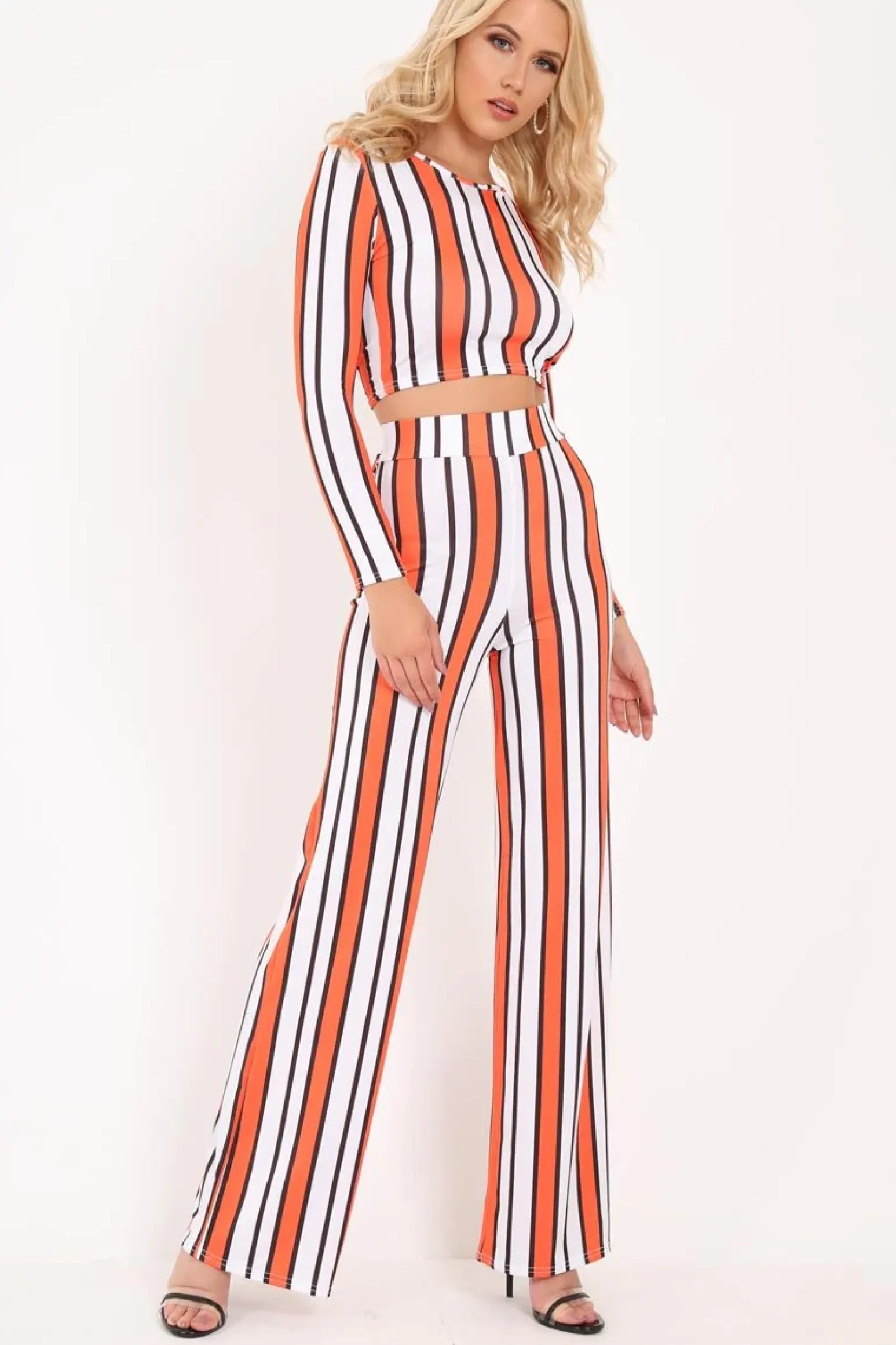 Rebellious Fashion Orange Stripe Crop Top Wide Leg Co-Ord - Ivette