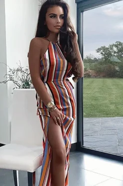 Rebellious Fashion Orange Stripe Halterneck Drawstring Waist Maxi Dress - Melanie