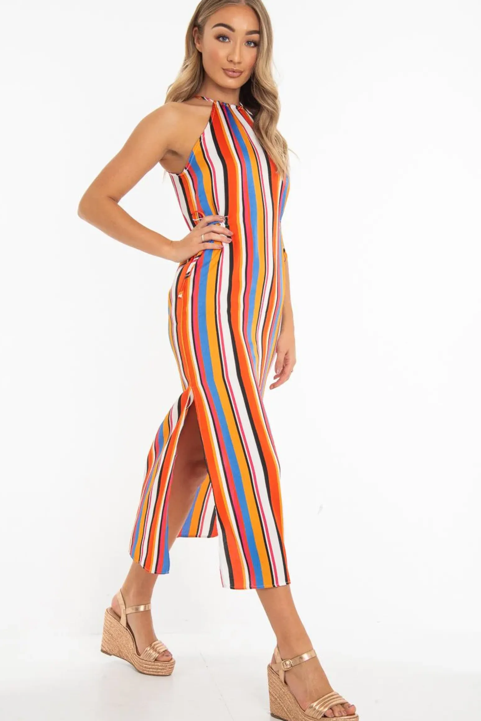 Rebellious Fashion Orange Stripe Halterneck Drawstring Waist Maxi Dress - Melanie
