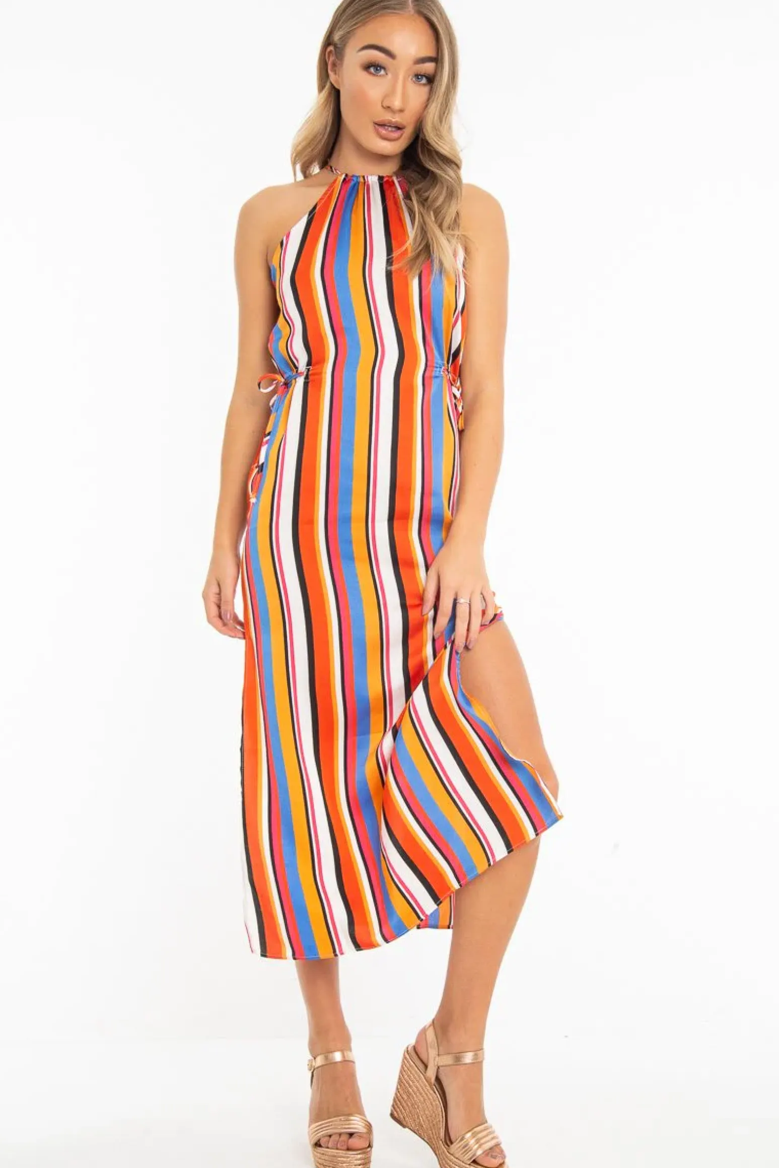 Rebellious Fashion Orange Stripe Halterneck Drawstring Waist Maxi Dress - Melanie