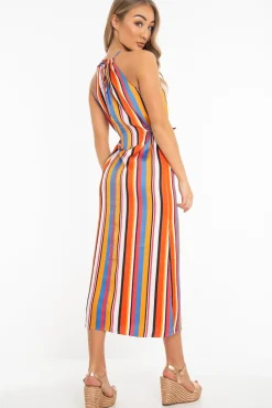 Rebellious Fashion Orange Stripe Halterneck Drawstring Waist Maxi Dress - Melanie