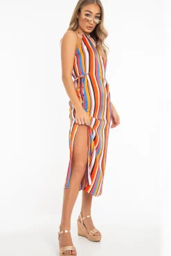 Rebellious Fashion Orange Stripe Halterneck Drawstring Waist Maxi Dress - Melanie