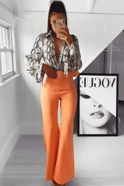 Rebellious Fashion Orange Tailored Wide Leg Belted Trousers - Chenelle