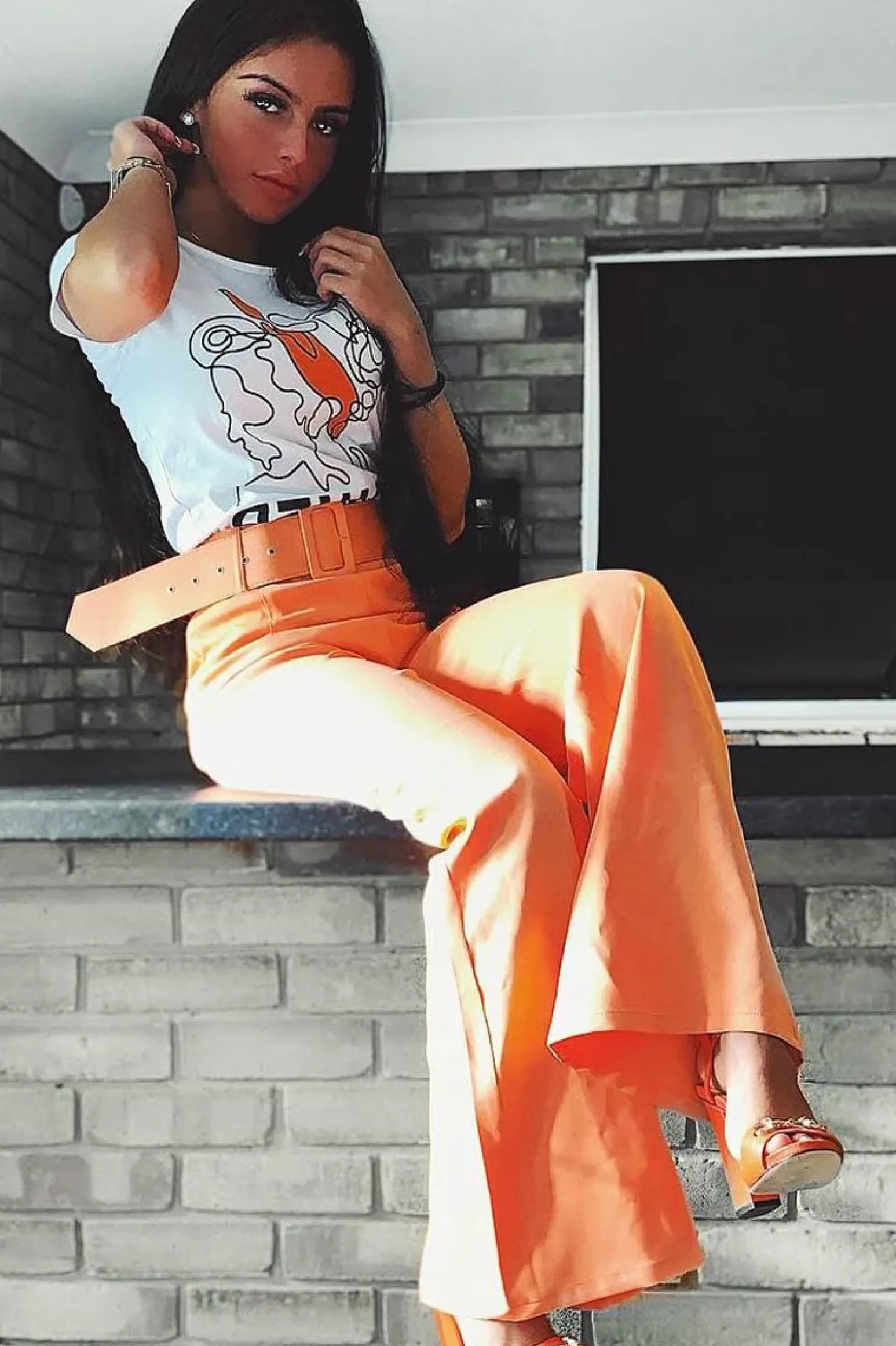Rebellious Fashion Orange Tailored Wide Leg Belted Trousers - Chenelle