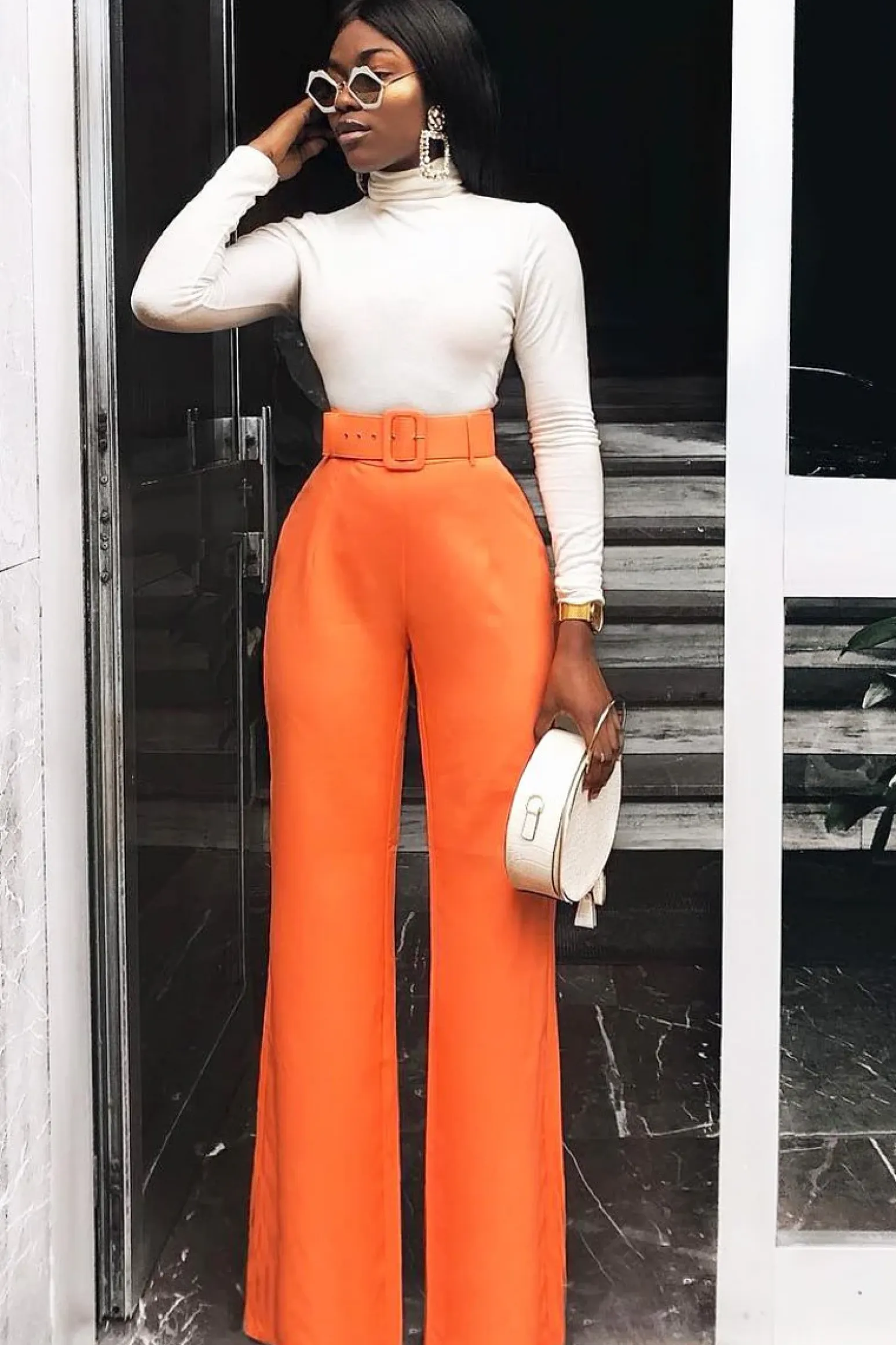 Rebellious Fashion Orange Tailored Wide Leg Belted Trousers - Chenelle