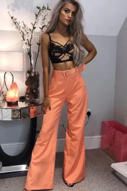 Rebellious Fashion Orange Tailored Wide Leg Belted Trousers - Chenelle