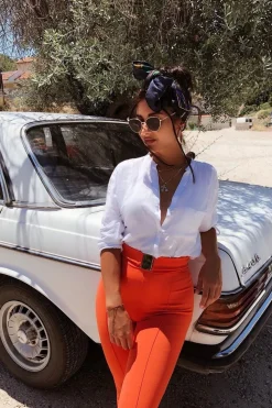 Rebellious Fashion Orange Tapered Trousers With Gold Buckle - Zyana