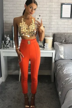 Rebellious Fashion Orange Tapered Trousers With Gold Buckle - Zyana