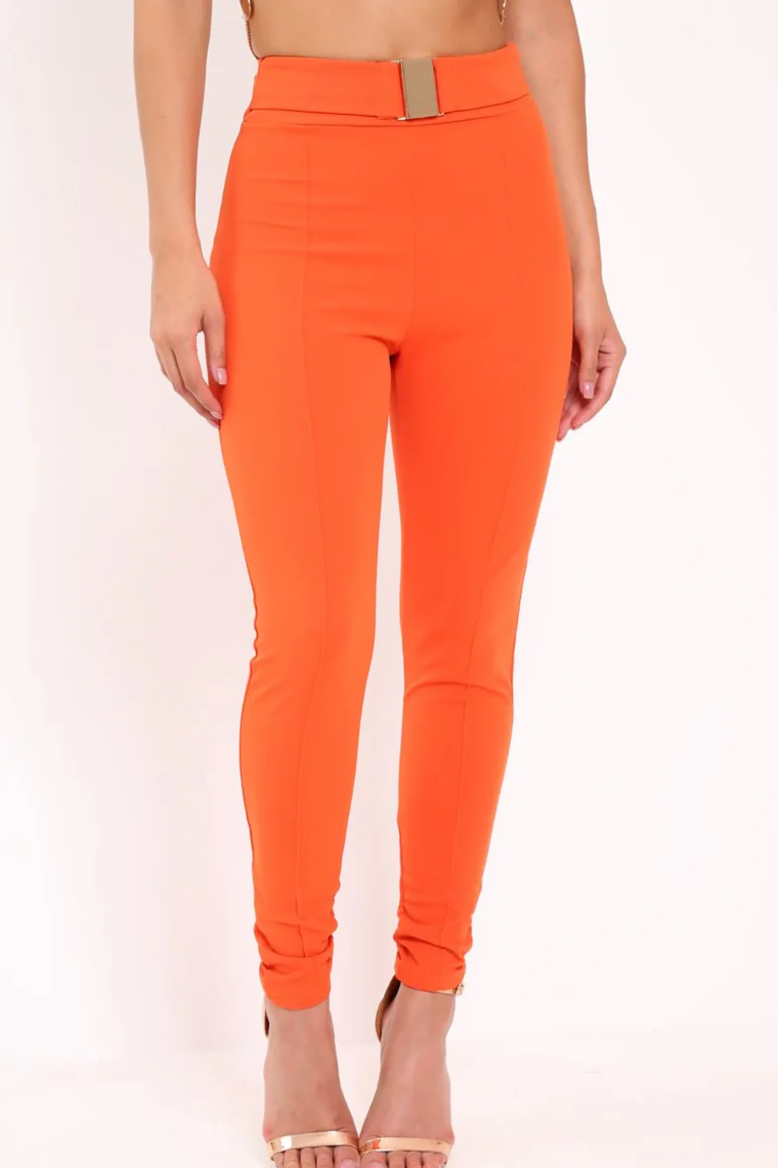 Rebellious Fashion Orange Tapered Trousers With Gold Buckle - Zyana