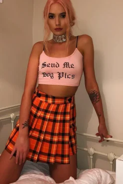 Rebellious Fashion Orange Tartan Button Front Pleated Skirt - Laela