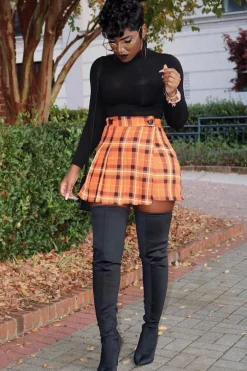Rebellious Fashion Orange Tartan Button Front Pleated Skirt - Laela