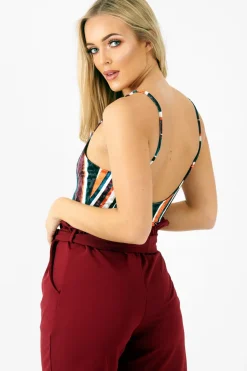 Rebellious Fashion Orange Teal Crushed Velvet Bodysuit - Jozlyn