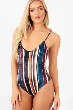 Rebellious Fashion Orange Teal Crushed Velvet Bodysuit - Jozlyn