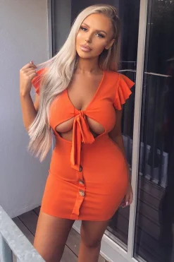 Rebellious Fashion Orange Tie Button Front Bodycon Dress - Aaira