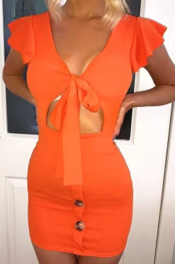 Rebellious Fashion Orange Tie Button Front Bodycon Dress - Aaira